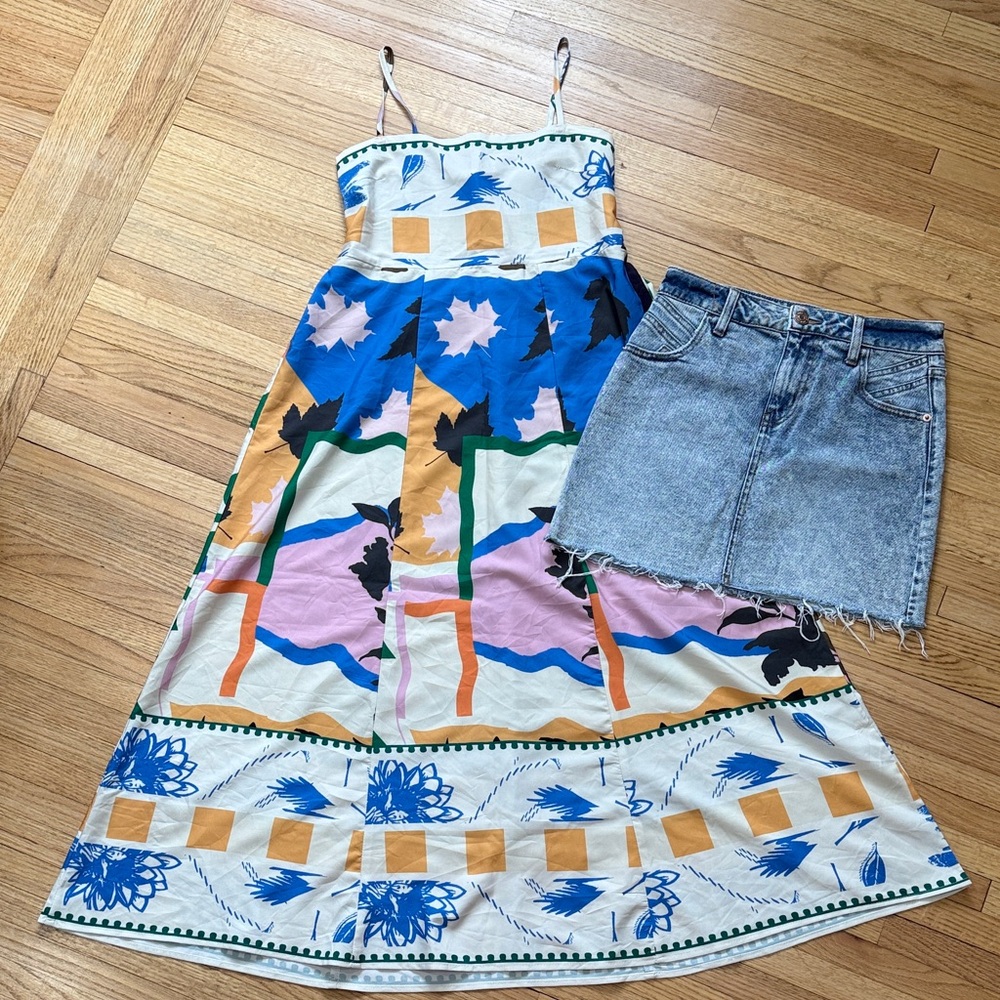 Colorful Patterned Maxi Dress and Denim Jean Skirt Bundle